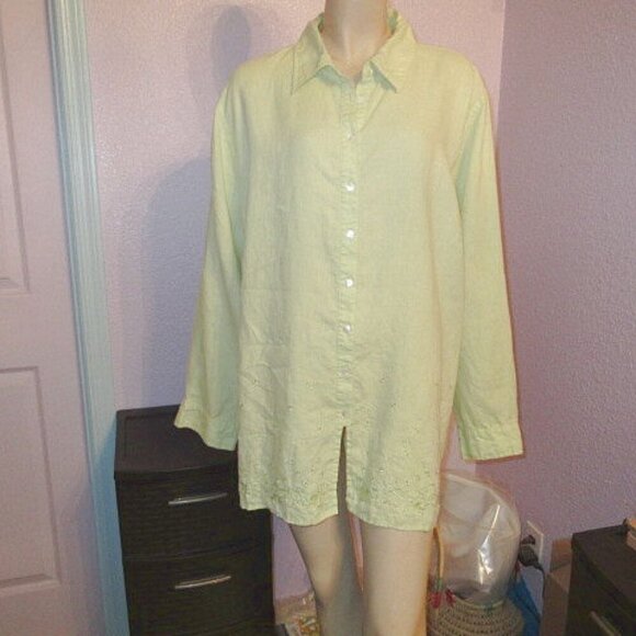 Vtg Paraphrase Linen Blouse Top Size 3X Eyelet Button Up Tunic Shirt Lagenlook - Picture 1 of 12